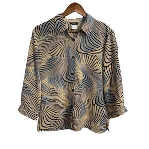 Vintage Womens Y2K Tan Blue Psychedelic Swirl Button Up 3/4 Sleeve Blouse 14